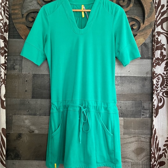 Lole Tunic Shirt Dress Mini Green V Neck Draw String Waist Short Sleeve - Picture 3 of 13